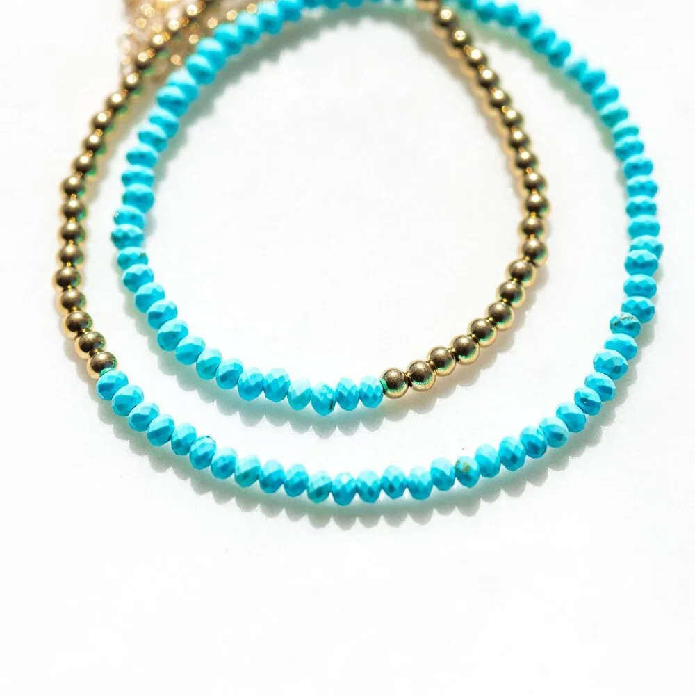 STUNNING Turquoise Beaded Necklace Waterproof Gold Beads & Chain Summer Necklace